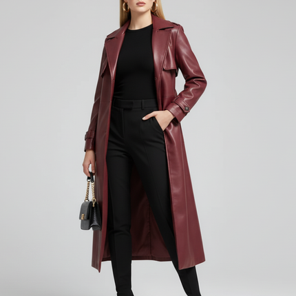 Plus-Size Long Leather-Style Windbreaker For Women, Red Hook, BYMANYC New York.