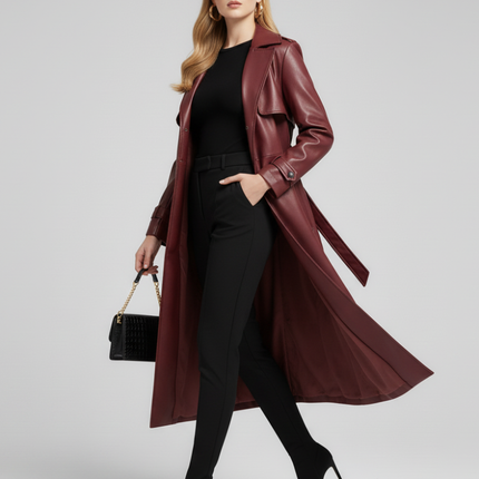 Plus-Size Long Leather-Style Windbreaker For Women, Red Hook, BYMANYC New York.