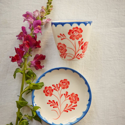 Ceramic Oval Cup with Hand Painted Vintage Flowers - 10.1 oz