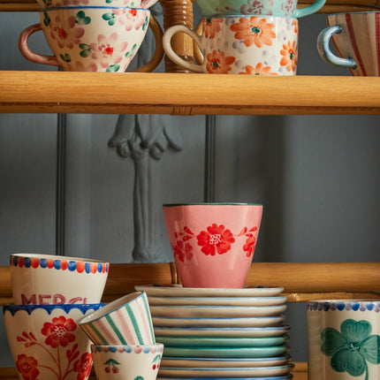 Ceramic Oval Espresso Cup with Hand Painted Orange Flowers - 2.4 oz