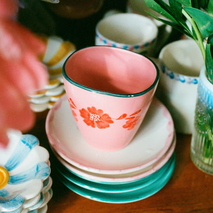 Ceramic Oval Cup with Hand Painted Orange Flower Vine - 10.1 oz
