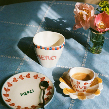 Ceramic Oval Cup with Hand Painted Merci - 10.1 oz