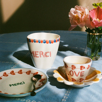 Ceramic Oval Cup with Hand Painted Merci - 10.1 oz