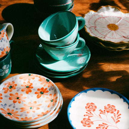 Ceramic Oval Cup with Hand Painted Vintage Flowers - 10.1 oz