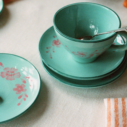 Ceramic Tea Cup with Hand Painted Soft Pink Flower Vine - 5.0 oz