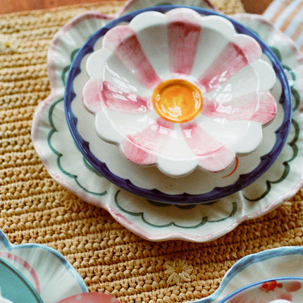 Ceramic Flower Dipping Bowl with Pink Hand Painted Stripes