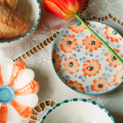 Ceramic Cappuccino Cup with Hand Painted Orange Flowers - 6.7 oz