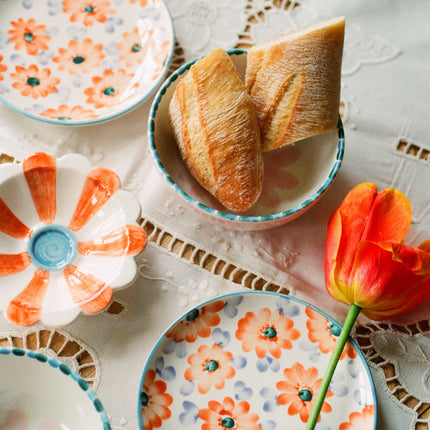 Ceramic Cake Plate with Hand Painted Orange Flowers
