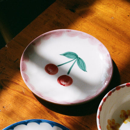 Ceramic Cake Plate with Hand Painted Cherries