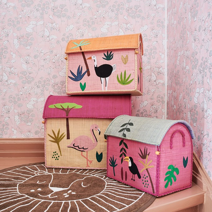 Raffia Storage Baskets with Jungle Pink Theme - Set of Three
