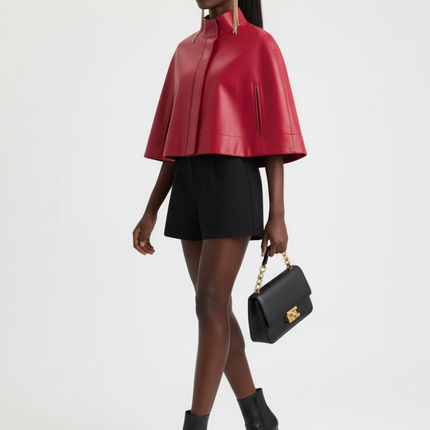 Red Leather-Style Short Cape Jacket For Women, Greenwich Village, BYMANYC New York.