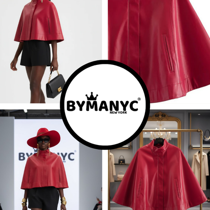 Red Leather-Style Short Cape Jacket For Women, Greenwich Village, BYMANYC New York.