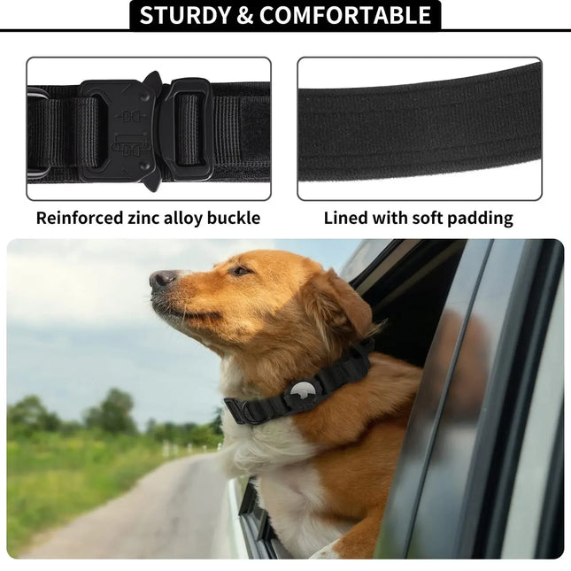 Adjustable AirTag Tactical Dog Collar with Metal Buckle – Safe & Durable