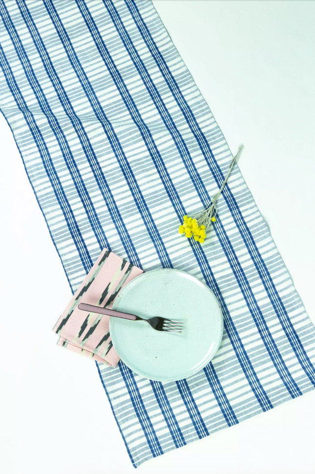 Coco Plaid Table Runner in Natural Indigo