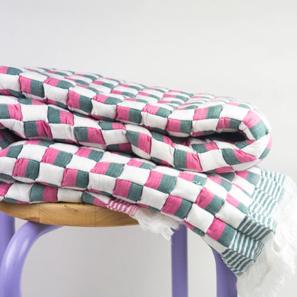 Quilted Sujani Throw Blanket - Pink, Green and White