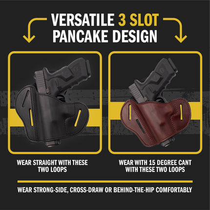 The Ultimate Leather Gun Holster | 3 Slot Pancake Style Belt Holster | Handmade in the USA! | Fits S&W Shield/Glock/XD - Lifetime Warranty