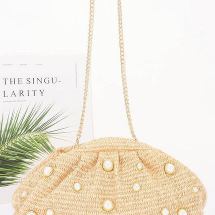 Faux-Straw Pearl Clutch with Chain Strap