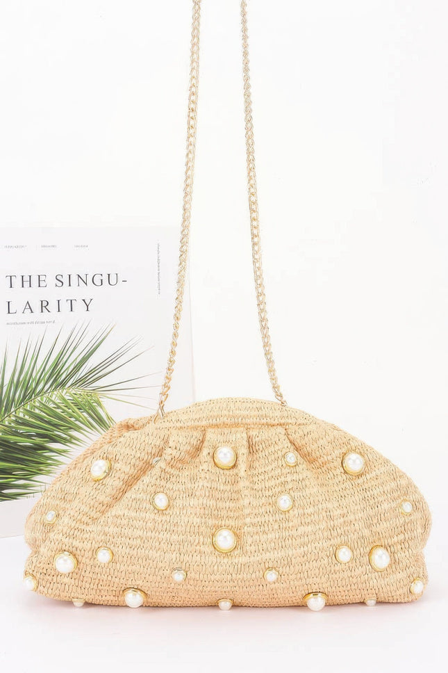 Faux-Straw Pearl Clutch with Chain Strap