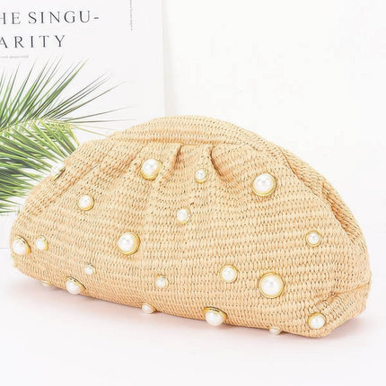 Faux-Straw Pearl Clutch with Chain Strap