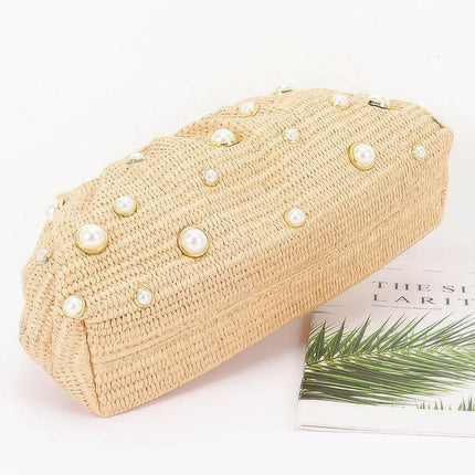 Faux-Straw Pearl Clutch with Chain Strap