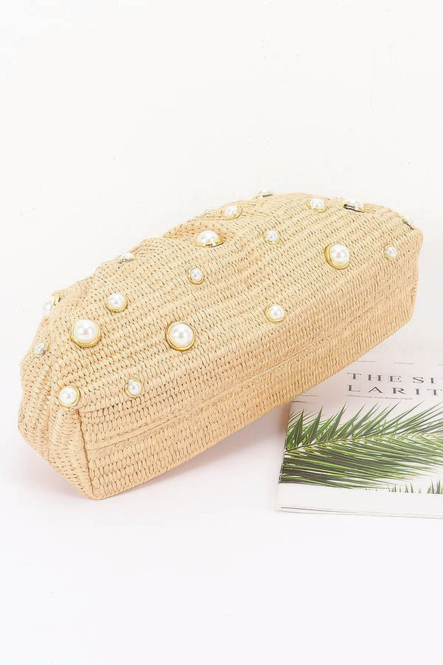 Faux-Straw Pearl Clutch with Chain Strap