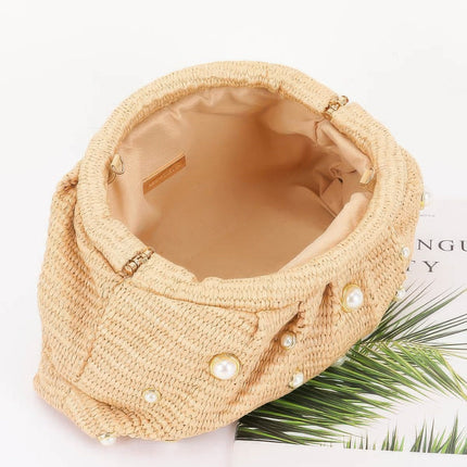 Faux-Straw Pearl Clutch with Chain Strap