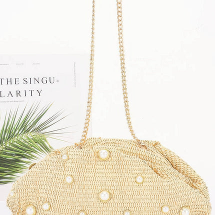 Faux-Straw Pearl Clutch with Chain Strap