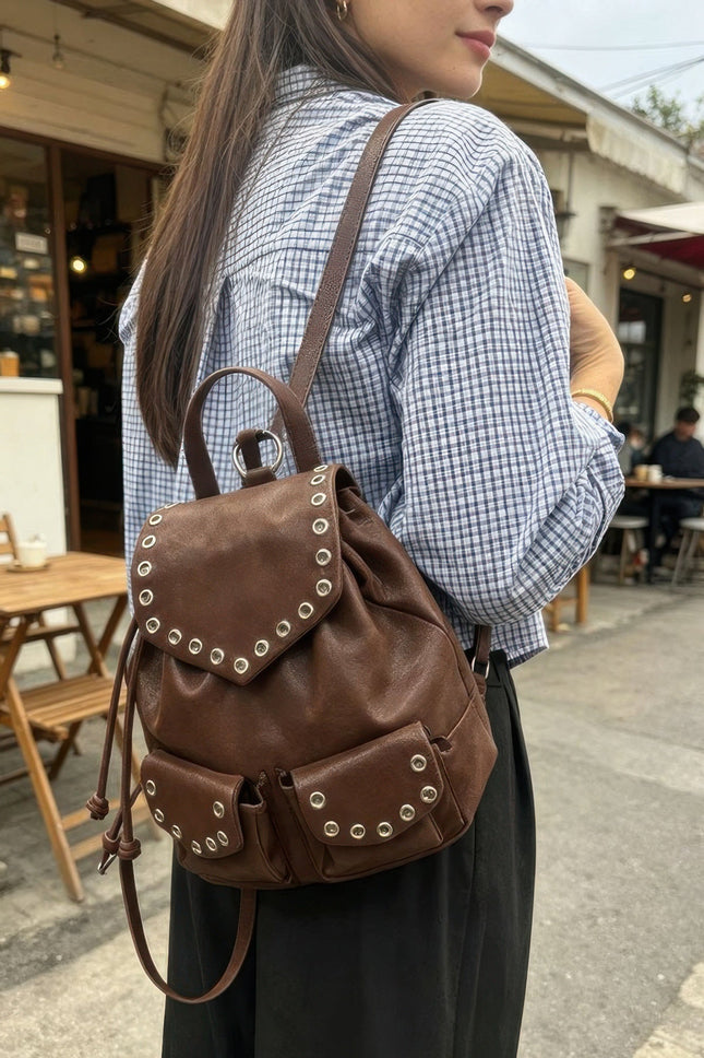 Faux-Leather Backpack with Eyelet Flap