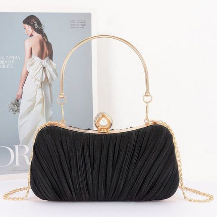 Pleated Clutch with Curved Handle & Pearl Accent