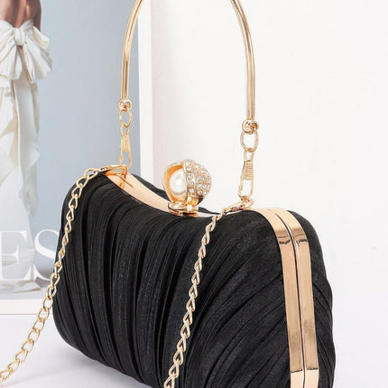 Pleated Clutch with Curved Handle & Pearl Accent