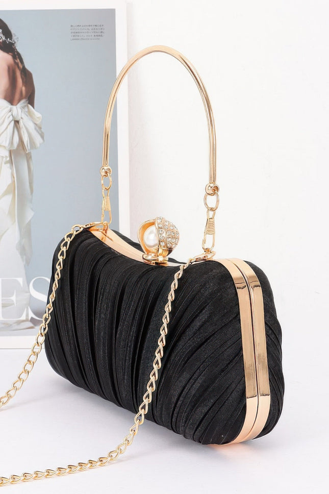 Pleated Clutch with Curved Handle & Pearl Accent