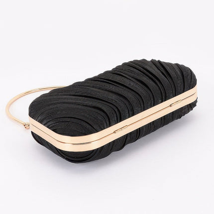 Pleated Clutch with Curved Handle & Pearl Accent