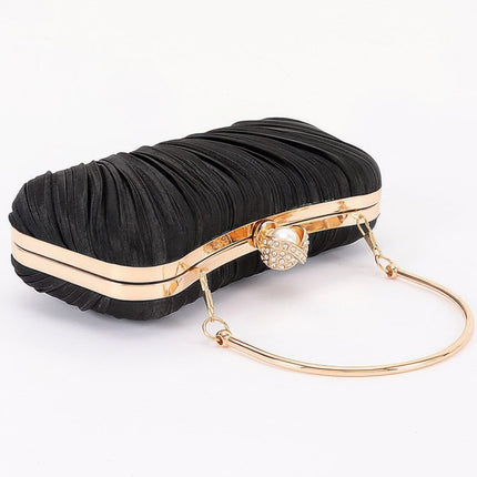 Pleated Clutch with Curved Handle & Pearl Accent