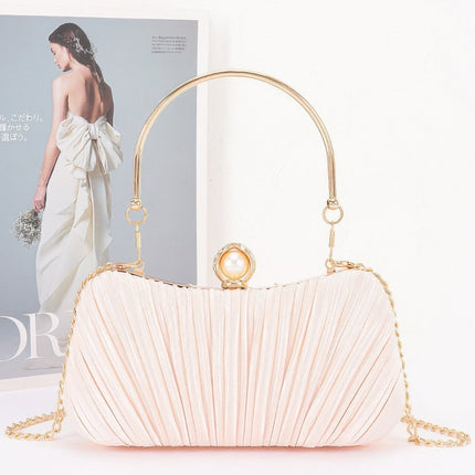 Pleated Clutch with Curved Handle & Pearl Accent