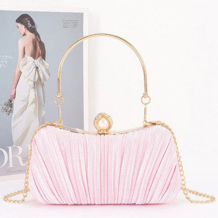 Pleated Clutch with Curved Handle & Pearl Accent