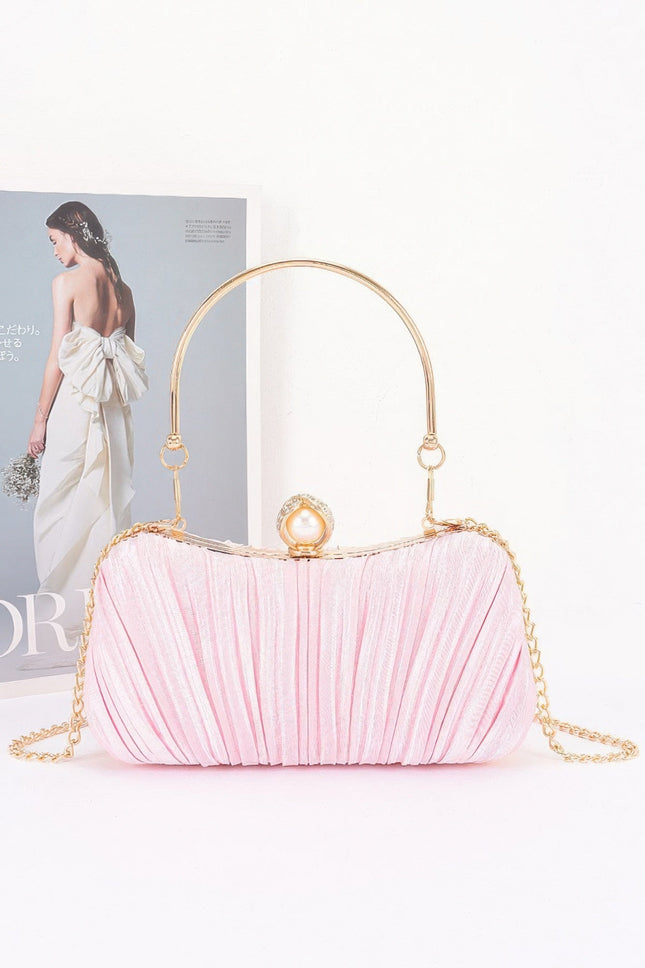 Pleated Clutch with Curved Handle & Pearl Accent