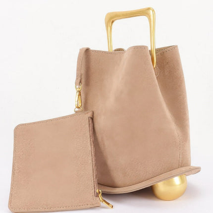 Faux-Suede Bag with Polished Metal Handle