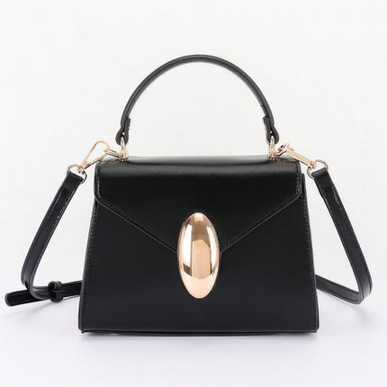 Faux-Leather Flap Bag with Oval Accent