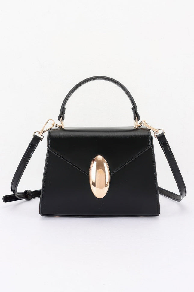 Faux-Leather Flap Bag with Oval Accent