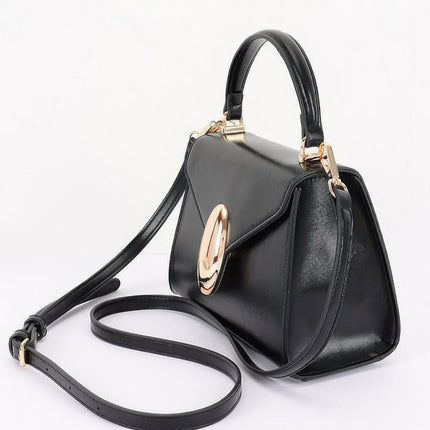 Faux-Leather Flap Bag with Oval Accent