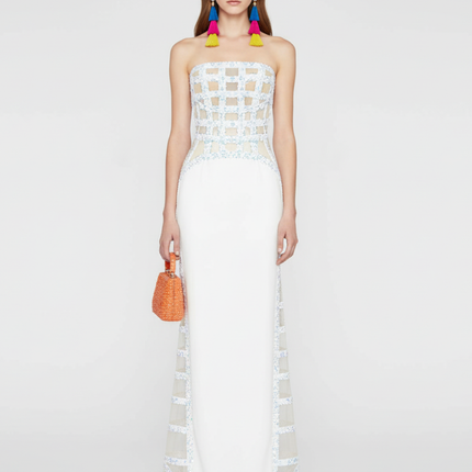 White Sequin Off-Shoulder Evening Gown For Women, Slim Fit, Midtown, BYMANYC New York.