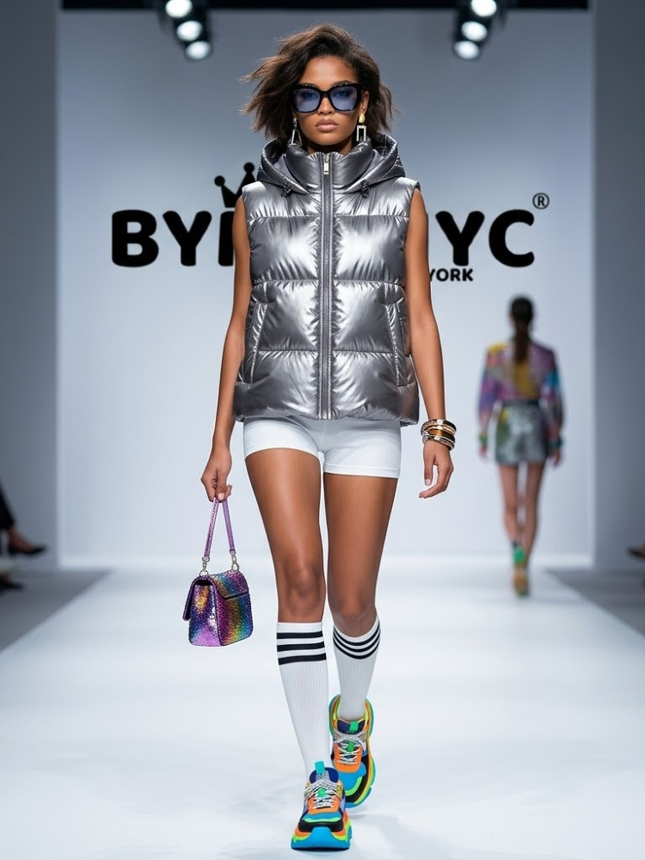 Silver Metallic Hooded Puffer Vest