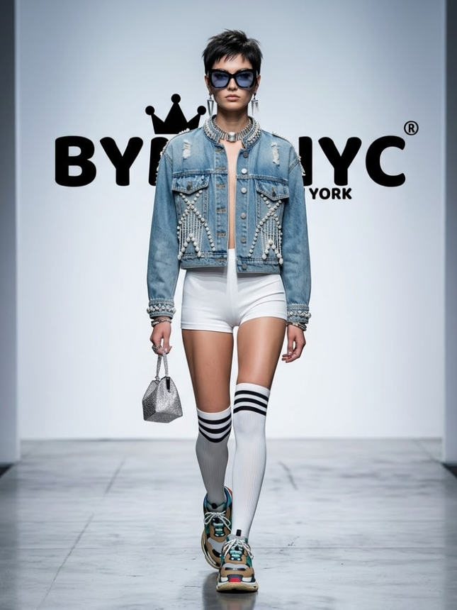 Blue Denim Jacket with Pearl Fringe