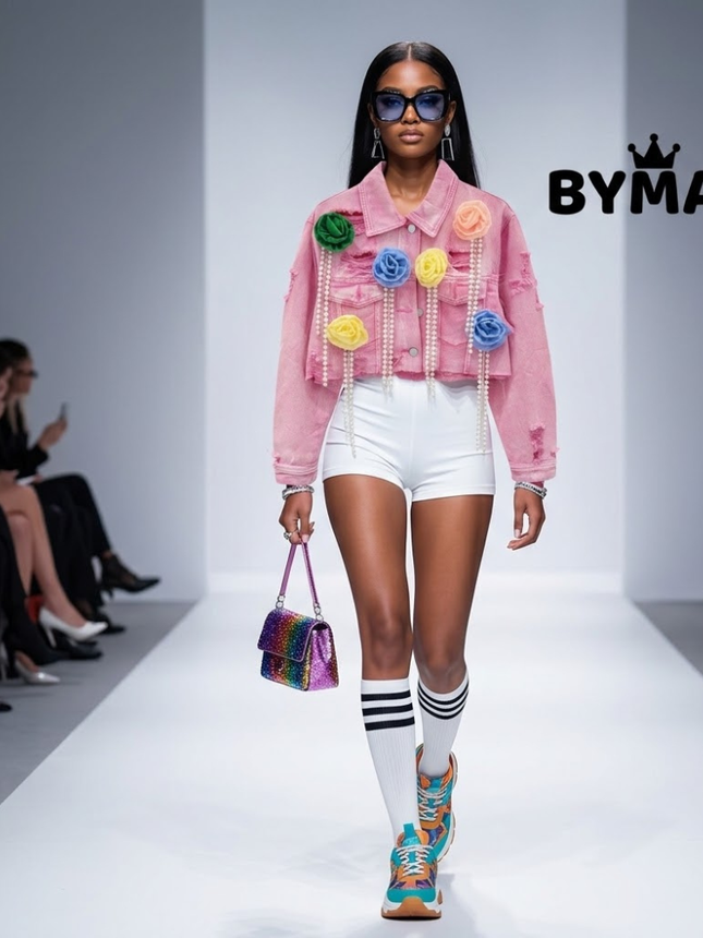 Pink Denim Jacket with 3D Roses & Pearl Fringe
