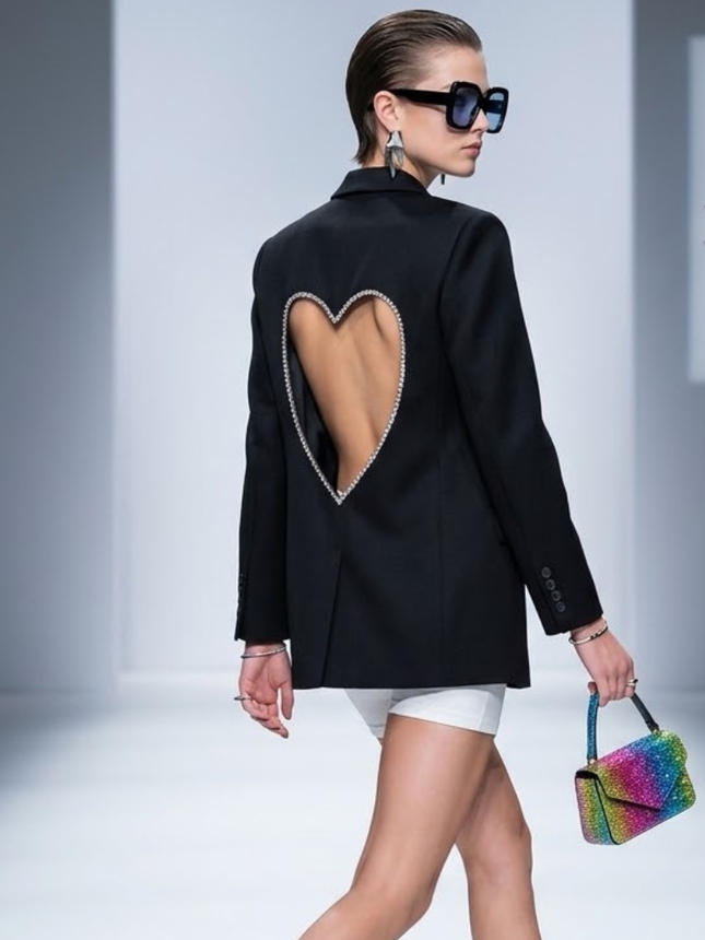 Rhinestone Heart Cutout Back Blazer