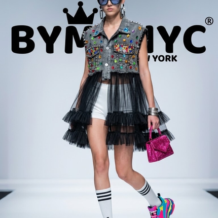 Embellished Denim Vest with Tiered Tulle