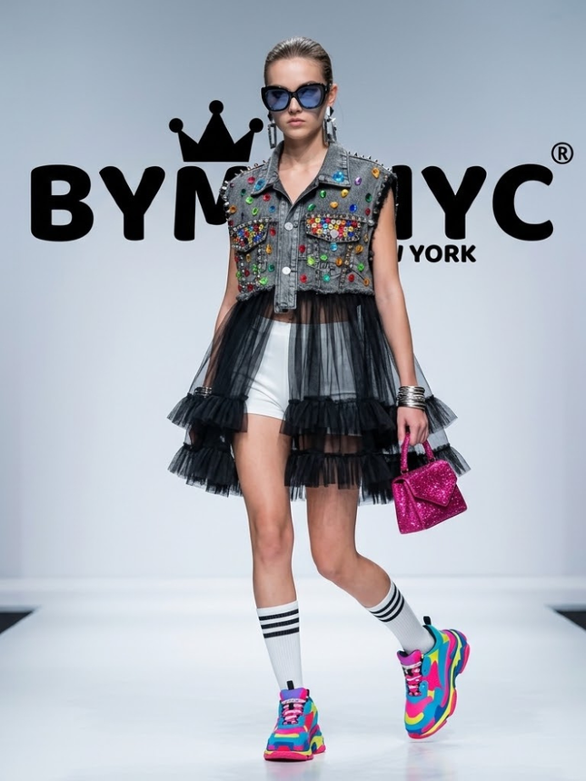 Embellished Denim Vest with Tiered Tulle