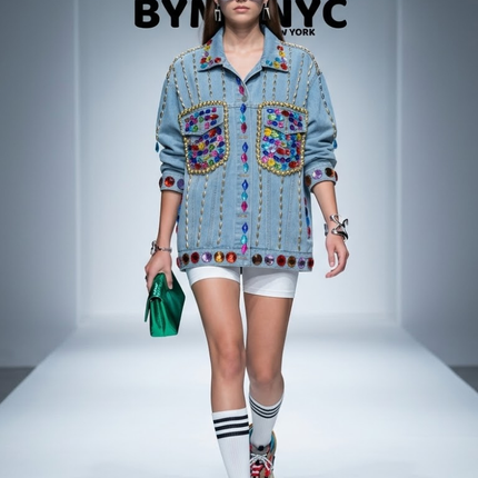 Longline Denim Jacket with Rainbow Jewels & Chains