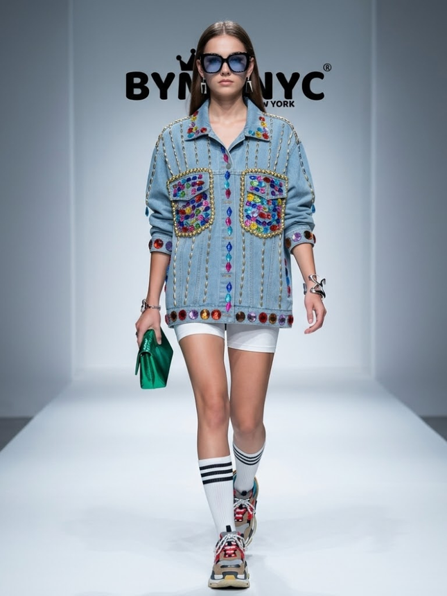 Longline Denim Jacket with Rainbow Jewels & Chains