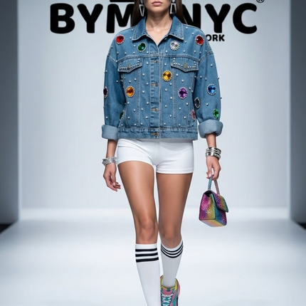 Oversized Blue Denim Jacket with Jewel & Pearl Details
